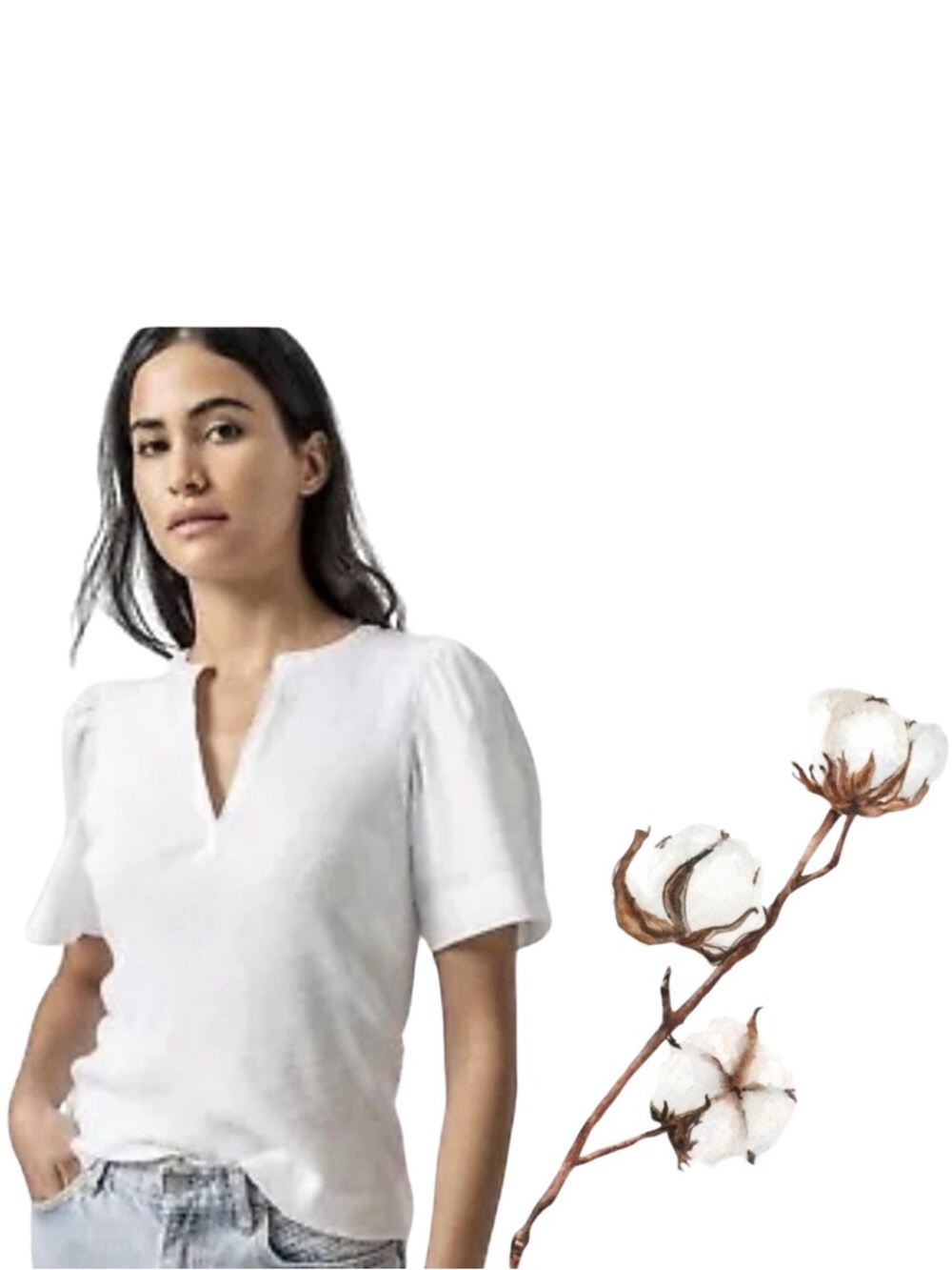 Lilla P Top Shirt Size L White Mixed Media Short Sleeve Split Neck Made in Peru